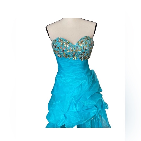 Cinderella Aqua Blue Bejeweled Sparkle High Low Ball Prom Dress with Train 6 NWT - Picture 4 of 9